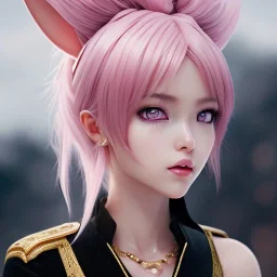 Detailed cute anime rabbit girl, pink hair buns, pink bangs, black latex bodysuit, intricate details, full body portrait, keep head in frame, slight smile, black Japanese motif, concept art, highly detailed, digital painting, concept art, sharp focus, illustration, art by Yoji Shinkawa, WLOP and greg rutkowski and alphonse mucha and artgerm and yanjun Chen and Junji ito and Makoto Shinkai, HDR, octane render