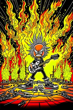 Firestarter animateur radio metal. Cartoon. Flames all around.