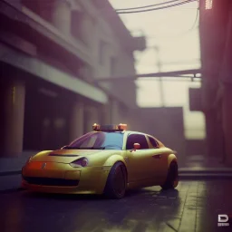 3d rendering. futuristic steampunk yellow car. Tokio background. Lost in Time