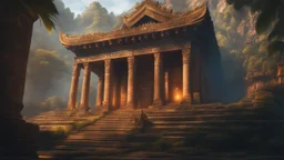 A forgotten huge tempel in the wilderness, cinematic lighting, hyper realisme, Hyperrealistic, splash art, concept art, mid shot, intricately detailed, color depth, dramatic, 2/3 face angle, side light, colorful background