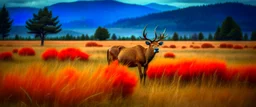 an Elk in a prairie field, wild grasses and bushes in corners of foreground, award winning wildlife photography