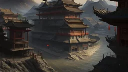 ancient, fantasy, chinese town, dune, crater, sand strom, destroyed chinese houses