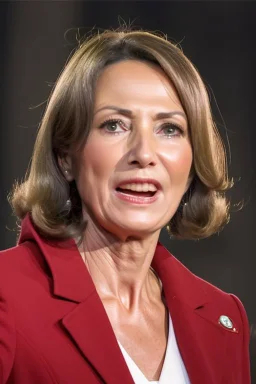 A preety woman in her early 50s having a presidential speech in front of a huge building