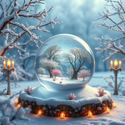 beautiful winter splendor, intricately decorated, in the middle there is a large transparent ice ball and inside the ball there is a beautiful, majestic spring panorama