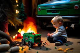 A crying toddler takes a burning car out of a LEGO box marked Land Rover next to the Christmas tree.