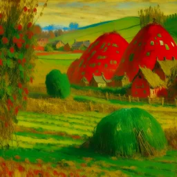 A green and red village with haystacks painted by Claude Monet