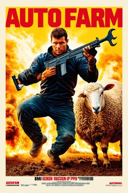 "Create a 90s-style action movie poster titled 'AUTOfarm. Include the ("subtitle 'BMI - BMI Suckin-p-p' prominently") Feature a heroic mechanic battling thousands of people with a spanner, and in the background, show a sheep holding a machine gun. The scene should be intense and dynamic, capturing the high-energy and gritty aesthetic of classic 90s action films.