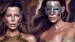 whole body portrait of Kate Beckinsale wearing a Mardis Gras ball mask, with blonde hair walking across a huge ball room floor, HD 4K, photo-realistic accurate face and features, award winning photography, unreal engine, cinematic lighting