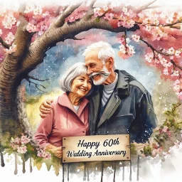 A vibrant watercolor wash splash art style portrait of a joyful elderly couple, their faces radiating happiness, sheltering beneath the blossoming branches of an old cherry tree. The man, with a neatly trimmed white mustache and a twinkle in his eye, gently holds the woman’s hand, while she smiles warmly, her silver hair softly framing her face. Below them, nestled amongst the roots of the tree, a textured sign reads "Happy 60th Wedding Anniversary" in bold lettering. The background depicts a mi