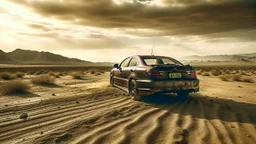 Capture a cinematic wide-angle shot featuring a black and rusty 1998 Honda Civic racing through a post-apocalyptic desert road during a sandstorm. Embrace a post-apocalyptic photography style for a realistic yet dramatic atmosphere, emphasizing the importance of achieving a cinematic look. Depict the resilient Honda Civic in this transformed world, navigating the harsh desert conditions and swirling sandstorm with speed and intensity, showcasing the car in a front view for maximum impact.