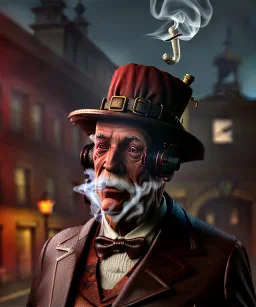 Surreal, steampunk, cabaret scene. Russian old man. Sweat, rain, smoking, happy, hot, people background, highly detailed, concept art, unreal engine 5, god rays, ray tracing, RTX, lumen lighting, ultra detail, volumetric lighting, 3d, finely drawn, high definition, high resolution.