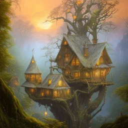 valley, fairytale treehouse village covered,, matte painting, highly detailed, dynamic lighting, cinematic, realism, realistic, photo real, sunset,detailed, high contrast, denoised, centered, michael whelan