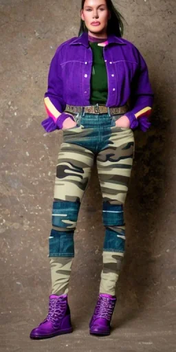 Model, woman. sérigraphie on denim with purple, lilac, green, khaki and crimson, red colors. Camouflage patterns are screen printed on denim. Woman in her 30's. thick thighs, thick calves, flat belly, wide hip. Mantle made of recycled Denim by sewing. Big bright purple and blue felt pieces makes mantle, which is merged with satchel. purple tippet, cream-color inside the hood. AKG headphones is merged with small felt cap with small visor. Haute Couture, 1990's