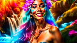 Photo realistic portrait of a gorgeous smiling skinny polynesian goddess with a golden dark shining skin, long smooth clear turquoise blue and pink white hair, blue eyes, in a sci-fi outfit with luminous strikes blowing a kiss in a hill of flowers with sakura trees, a waterfall, a crystal palace, loads of mini flowers, moss, sun rays through the branches, particles in the air at spring. Intricated details,