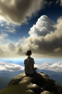 generar una imagen realista de una mujer solitaria sentada en la cima del montaña mirando hacia el cielo y y las nubes formando la palabra "g. c.#