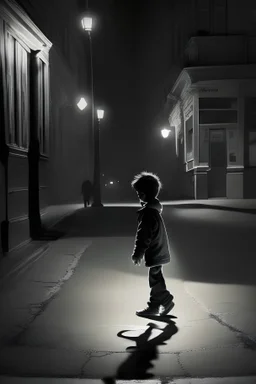 A boy playing on the street at midnight with his shadow