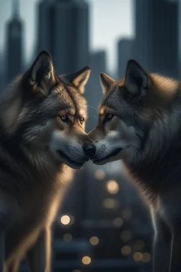 portrait photo of wolves wearing clothes and kissing over a skyscapers,shot on Hasselblad h6d-400c, zeiss prime lens, bokeh like f/0.8, tilt-shift lens 8k, high detail, smooth render, down-light, unreal engine, prize winning