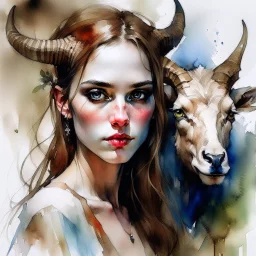 dnd, fantasy, watercolour, large strokes, stylistic, portrait, illustration, dull colours, woman, beastwoman, goat face