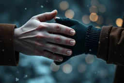 close up photo of several interlocking perfect male and female and child and old human hands holding each other, winter, sharp focus, cold deep colors, gloomy, cinematic, little pale warm lights balls in background,, cold, high realistic, sad mood, perfect shot, perfect composition