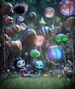 Tim burton photographer, Ultra realistic garden night scene, portrait, wide angle view :: child playing with feather pillows and sweet inflatable monsters, circus dress style, feather color, free jumping, many trinkets, hair monster, many jelly beans, balls, smile, extreme, wind, soft color, highly detailed, unreal engine 5, ray tracing, RTX, lumen lighting, ultra detail, volumetric lighting, 3d, finely drawn, high definition.