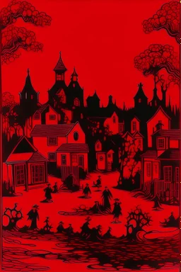 A dark red vampiric village painted by Andy Warhol