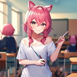 Clear focus, High resolution, a anime adult, cute, cartoony style, smiling, hair between eyes, holding a pencil, small forhead, female, medium length hair, long locks, lots of bangs, teacher, wearing a off shoulder shirt, no spaghetti straps, peach hair colour, kitsune ears down