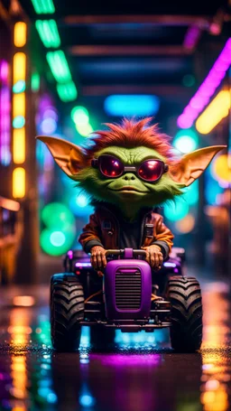 portrait of brown Hairy Gremlin myth buster pimp ninja yoga cyber punk in flying hipster lawn tractor parked in dark neon lit reflective wet arcade hall tunnel,bokeh like f/0.8, tilt-shift lens 8k, high detail, smooth render, down-light, unreal engine, prize winning