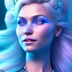 A portrait of a full body crystalised blue pink queen,smiling face, blue eyes, long blond hair, atmospheric, realistic, unreal engine, lighting