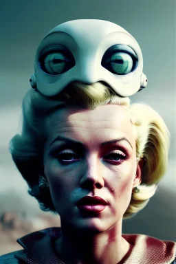 Ultra Realistic retro sci-fi scene, portrait, blonde woman, sweet young Marilyn Monroe face, perfect iris, tight latex coat, Strange planet background, Retro sci-fi style helmet, plants, birds, fog, rain, soft color, highly detailed, unreal engine 5, ray tracing, RTX, lumen lighting, ultra detail, volumetric lighting, 3d, finely drawn, high definition, high resolution.