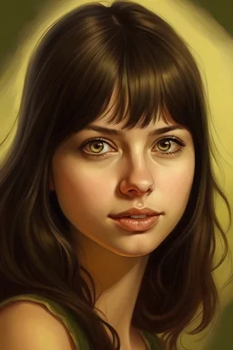 create a portait of a young woman, who has bangs, she's latin so her skin is olive