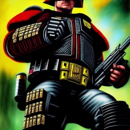 ultra detailed fullbody portrait of JUDGE DREDD (2000 AD) aiming Pistol, extremely detailed digital painting, intrincate, extremely detailed face,crystal clear Big eyes, in the style of Simon Bisley, mystical colors , perfectly centered image, perfect composition, rim light, beautiful lighting, 8k, stunning scene, raytracing