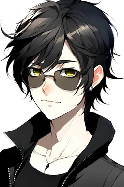 Anime boy with black hair, black eyes, sunglasses, black clothes, and a white background