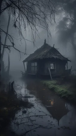 A swamp surrounded by bamboos long trees in cloudy, depressing, foggy, with a dim of light in the distance , there.is an abandoned cottage covered with leaves. A close look of strange scary creature sitting outside the cottage and black crows on the top of the cottage