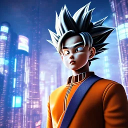 Son-goku standing on a bridge in a cyberpunk setting, cyber punk, close-up face, realistic, unreal engine