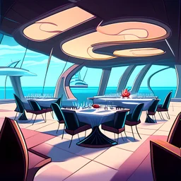 futuristic luxury vampire empty vampire restaurant near the sea with cooked turkey in the middle of a tables and clean chairs in the restaurant cartoon