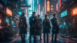 Prisbelønnet fotografi af en gruppe cyberpunk-mennesker, perfekt anatomi, klædt i indviklet cyberpunk-tøj, betjening af cyberpunk-maskiner og opfindelser i et travlt cyberpunk-bybillede, retro-futuristisk, industriel revolution, science fiction, detaljeret miljø, atmosfærisk belysning, maskintekniske vidundere , magisk fantasi, levende farver, fotorealistisk, alternativ historie, art nouveau æstetik, høje detaljer, 16k.