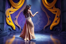 modern stage with gray-dark yellow blueish violet theme artistic decoration , color full dynamic lighting, a beautiful lady in maxi dress with shining silver jewels ,curvy long hair,dancing, 3D recursive fractal structure animating background