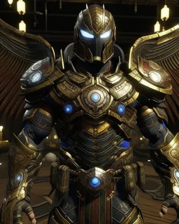 An armor made of a mixture of steel and leather, worn by a strong commander with magical power infinity gauntlet has six infinity stones And two big wings on his back