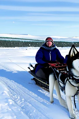 Matthew y Margaret se encuentran en un trineo tirado por un husky mientras viajan por un paisaje nevado. Se ven emocionados y un poco asustados