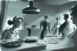 black and white storyboard, couple on foreground, we don t see them well because they are close to the camera but between them in the middle we see 3 chefs, scattered throughout the kitchen cooking, frying, cutting