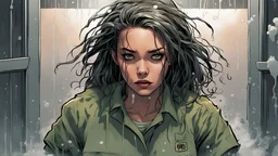 Young woman in prison fatigues that are soaked, hair also soaked in the marvel comic style