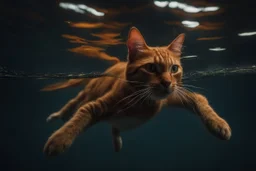 Cat swimming underwater to catch scared orange fish below water surface Camera settings : Full-frame , 100mm lens, f/1.2 aperture, ISO 100, shutter speed 60 seconds. Cinematic lighting, Unreal Engine 5, Cinematic, Color Grading, real time Photography, Shot on 70mm lense, Depth of Field, DOF, Tilt Blur, Shutter Speed 1/2500, F/13, White Balance, 45k, Super-Resolution, Megapixel , ProPhoto RGB, VR, tall, epic Lighting, Backlight, Natural Lighting, Incandescent, Optical Fiber, Moody Lighting