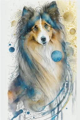 Abstract wet watercolour of a rough collie, ink lines, interlinked circles,detailed focus on eyes