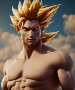 Goku, avatar, white and gold hair, fighting pose, muscular body, shirtless, volumetric details, hyper realism, unreal engine 5