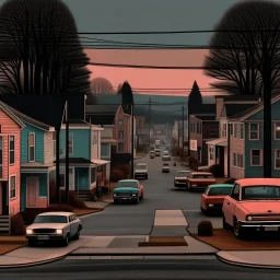 a glimpse of a suburban street, everything is odd, the landscape is made of felt, pastel colours, some people and cars, odd style, rather eerie, sinister