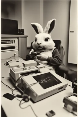 Polaroid of the easter bunny playing a video game console