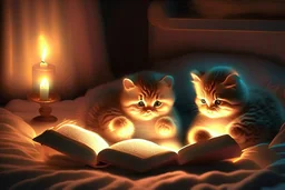 phosphorescent glowing cute soft chubby kittens in a bedroom, reading a book by candlelight on the bed