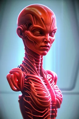 Alien red flesh,Detailed and Intricate, Cinematic, Dynamic Lighting, dramatic lighting, electrical details, high details, 4k, 8k, best, accurate, cyberpunk futuristic neon, interacting with a holographic interface of alien artifacts, electrical case display, Terminator tech, ultrarealistic, dramatic lighting, electrical details, high details, 4k, 8k, best, accurate, trending on artstation,