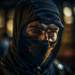 portrait of ninja showing regret after bad decision, shot on Hasselblad h6d-400c, zeiss prime lens, bokeh like f/0.8, tilt-shift lens 8k, high detail, smooth render, down-light, unreal engine, prize winning