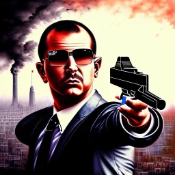 water color and spray paint art,pit-bull mafia boss with black greasy hair, holding up auto-pistol and wearing suit, city streets in background,run for cover, book illustration